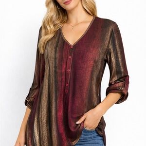 Metallic Burgundy & Bronze V-Neck Button-Front Women's Top